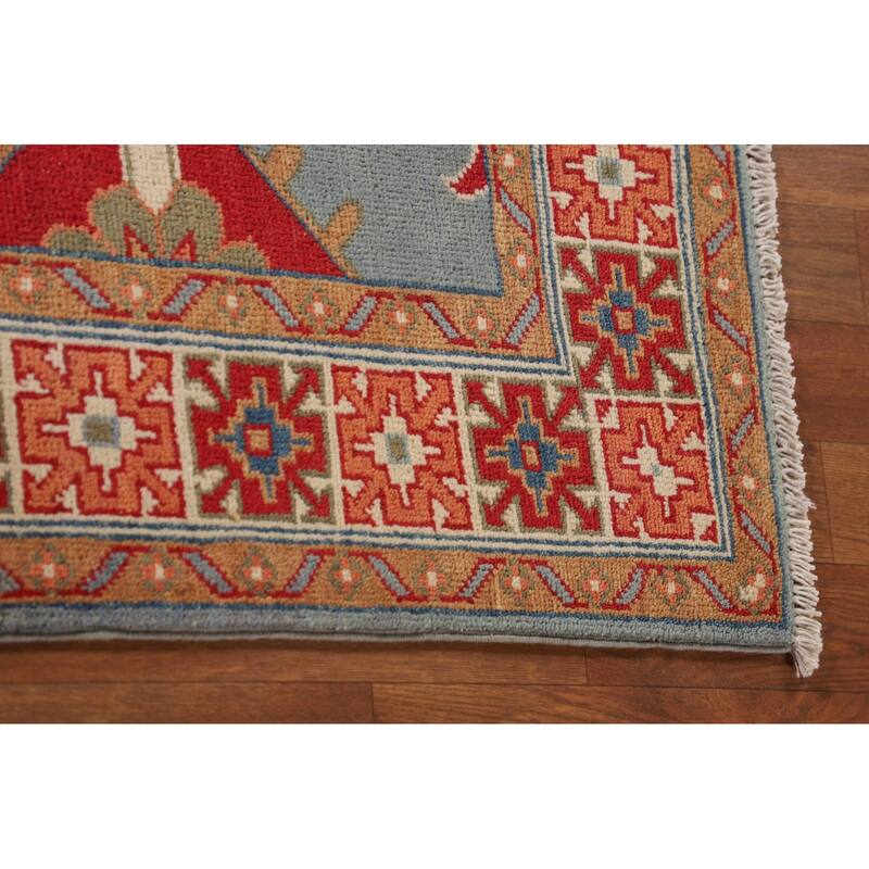 Geometric Kazak Accent Rug Hand-Knotted Oriental Blue Wool Carpet - 3'3"x 5'0"