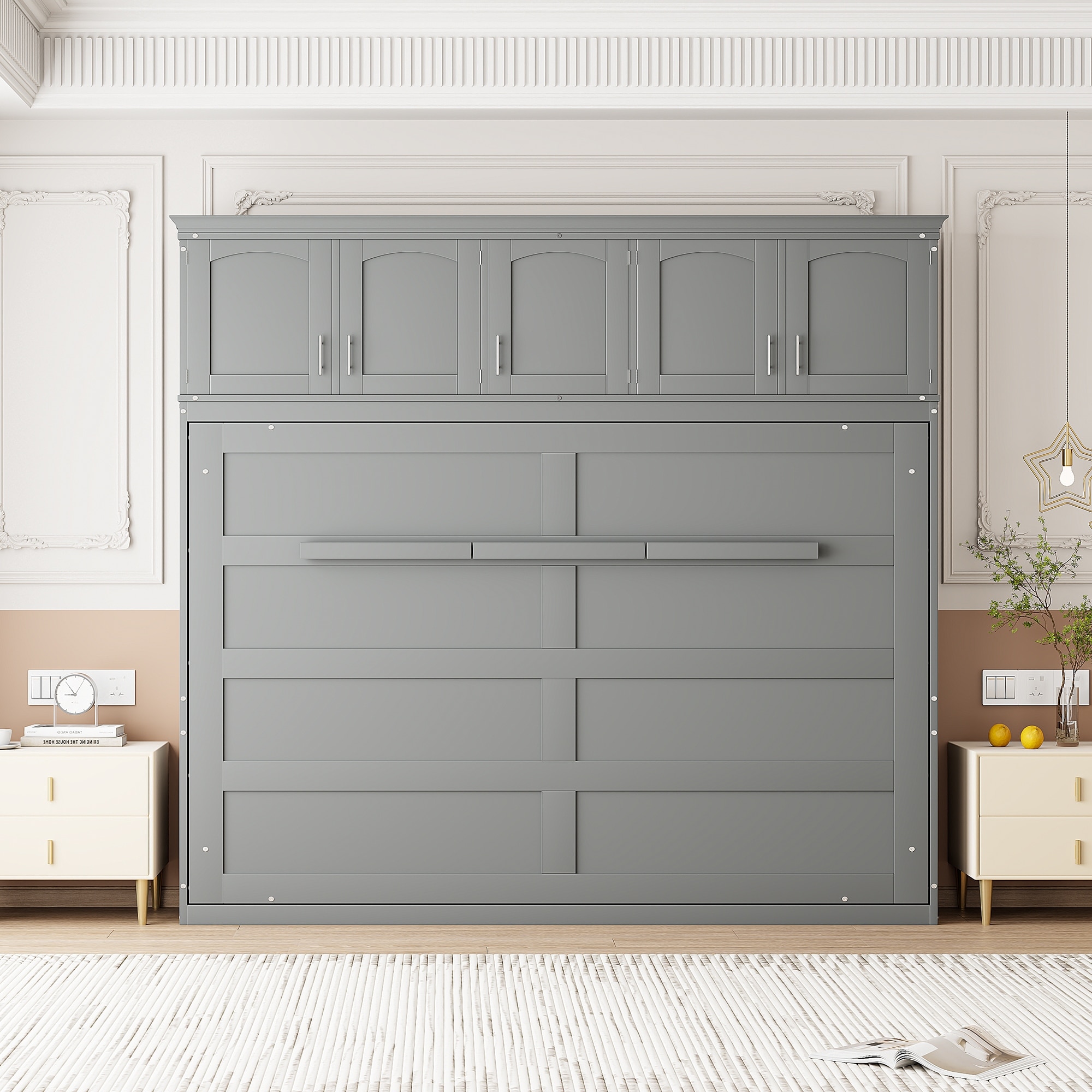 Queen Murphy Bed Chest Solid Wood Folding Wall Bed w/ Top Cabinets