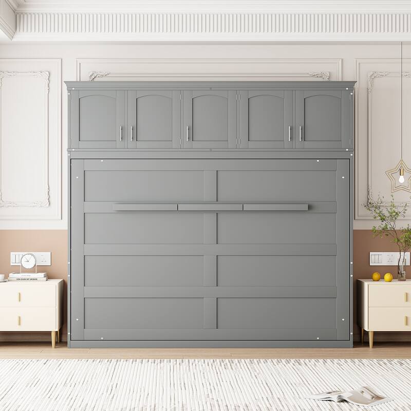 Space-Saving Queen Murphy Wall Bed with Top Cabinets, Easy Fold Mechanism, No Box Spring Needed, Ideal for Multi-Use Rooms