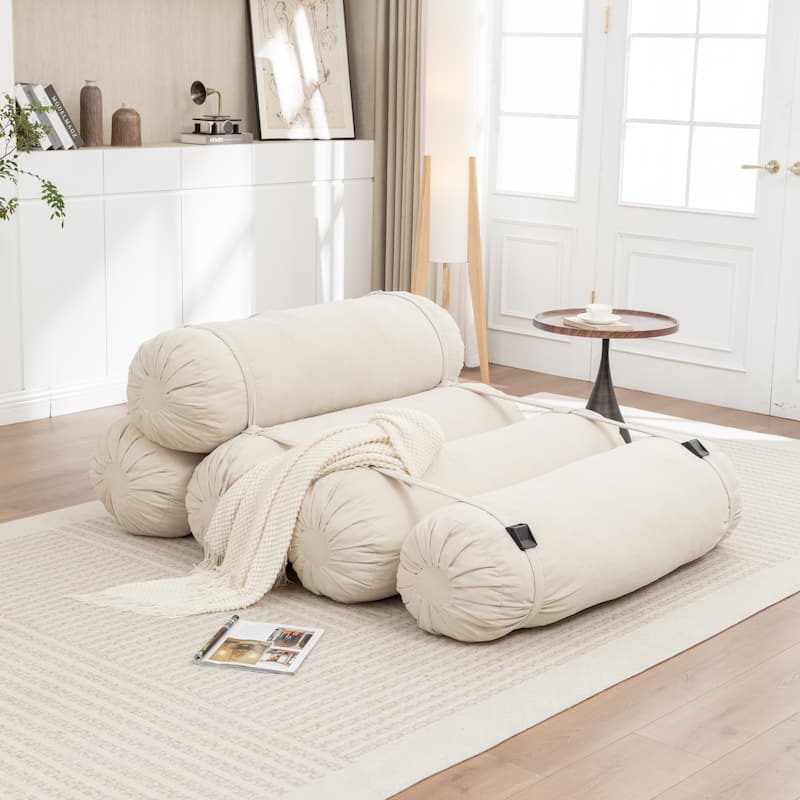 Versatile Lazy Sofa Corduroy Chaise Lounge Floor Couch Composed of 5 Cylindrical Pillows with Adjustable Straps - Beige