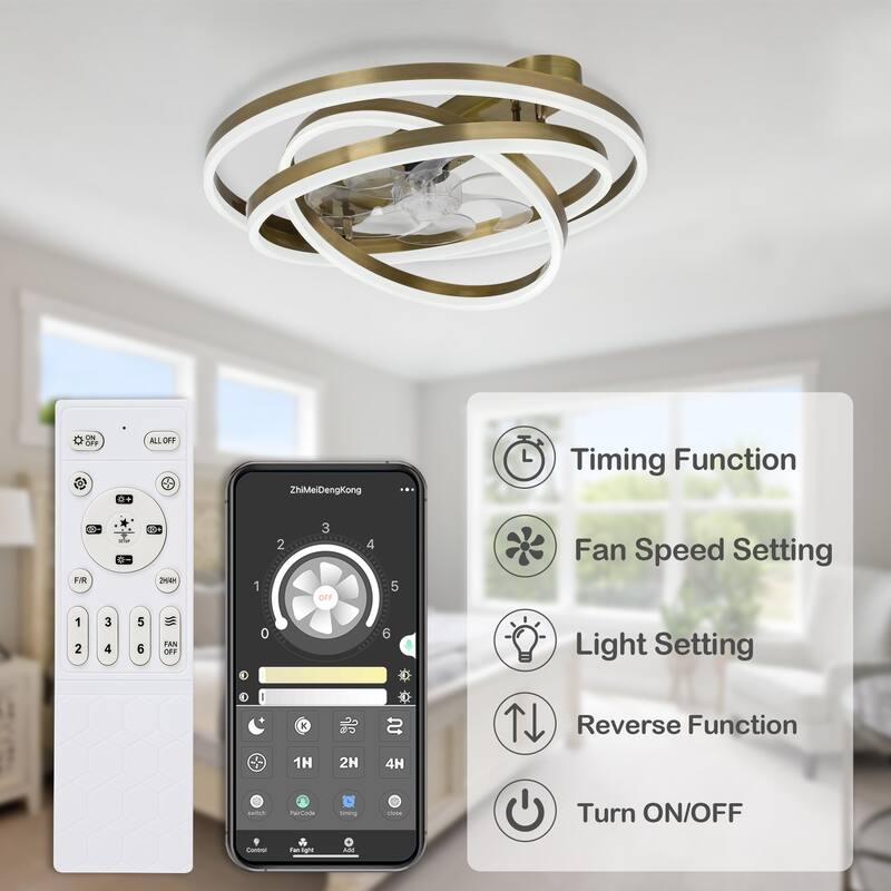 Bella Depot 24 Inch Modern Flush Mount Ceiling Fan with Dimmable Light, 6-Speed DIY Shade with Remote and APP Control - 23.6"