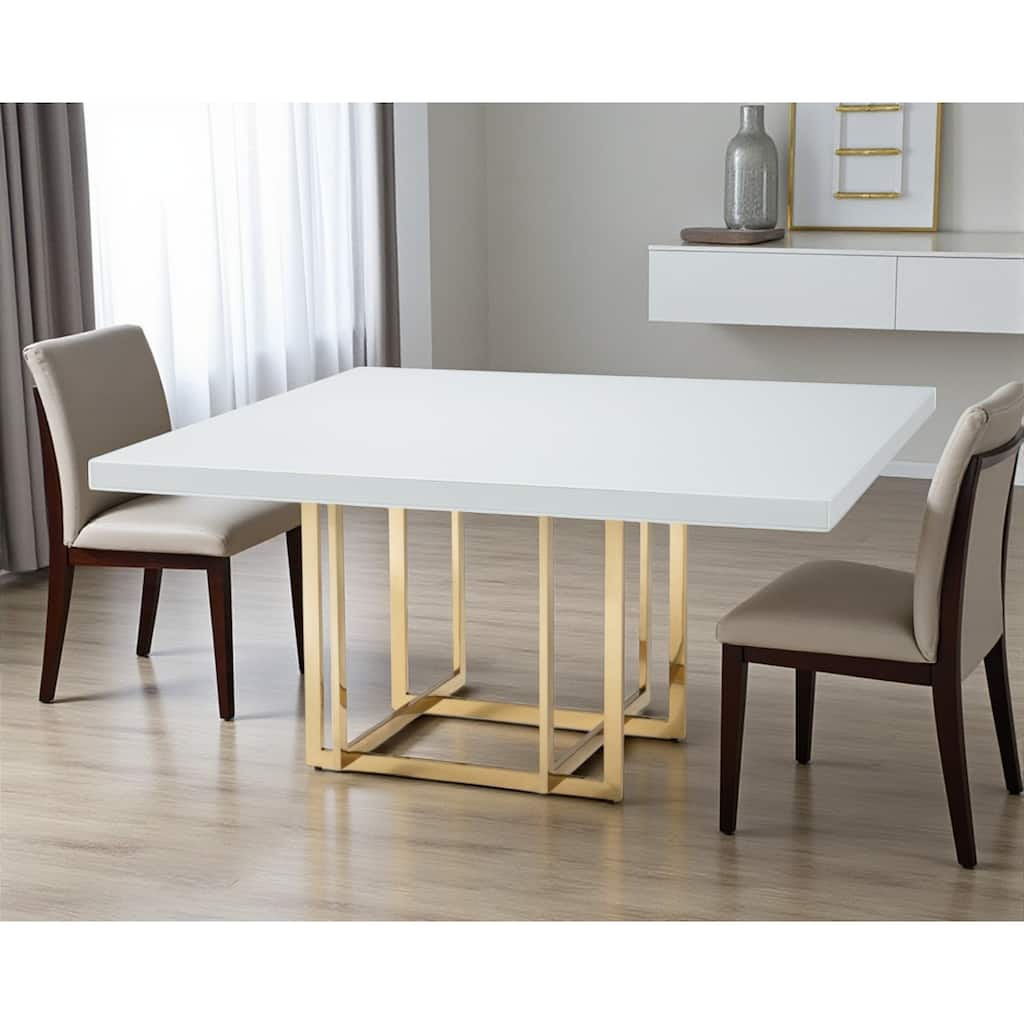 HomeRoots 59" White and Gold Wood and Metal Pedestal Base Square Dining Table - 59.00 in. x 30.00 in. x 59.00 in.