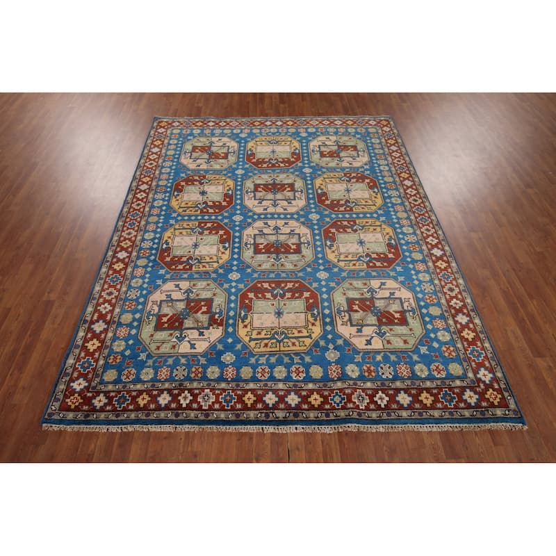 Blue Geometric Heriz Serapi Area Rug Handmade Wool Carpet - 8'0"x 9'10"