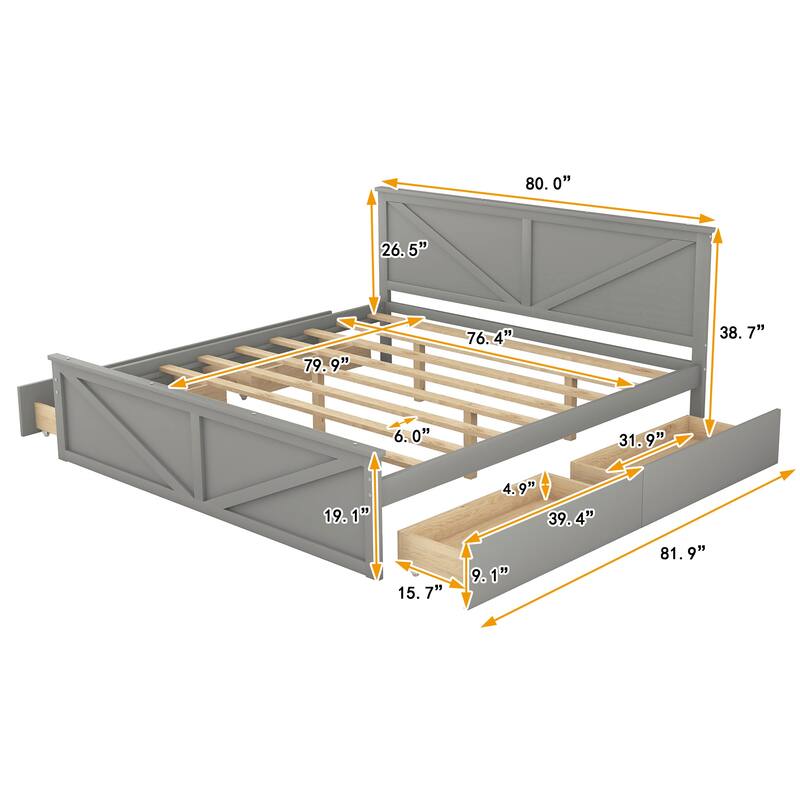 King Size Platform Bed with Four Storage Drawers and Support Legs