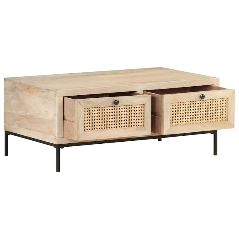 vidaXL Coffee Table 35.4"x19.7"x14.6" Solid Mango Wood and Natural Cane - 35.4" x 19.7" x 14.6"