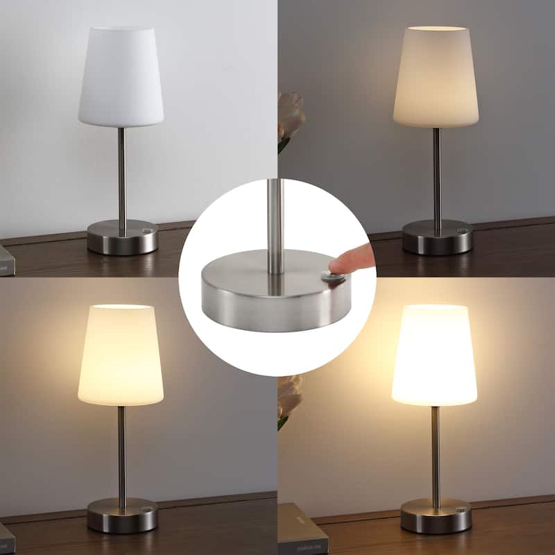 Eli 12.75" Modern Minimalist Iron Wireless Rechargeable Integrated LED Table Lamp, Nickel/White by JONATHAN Y