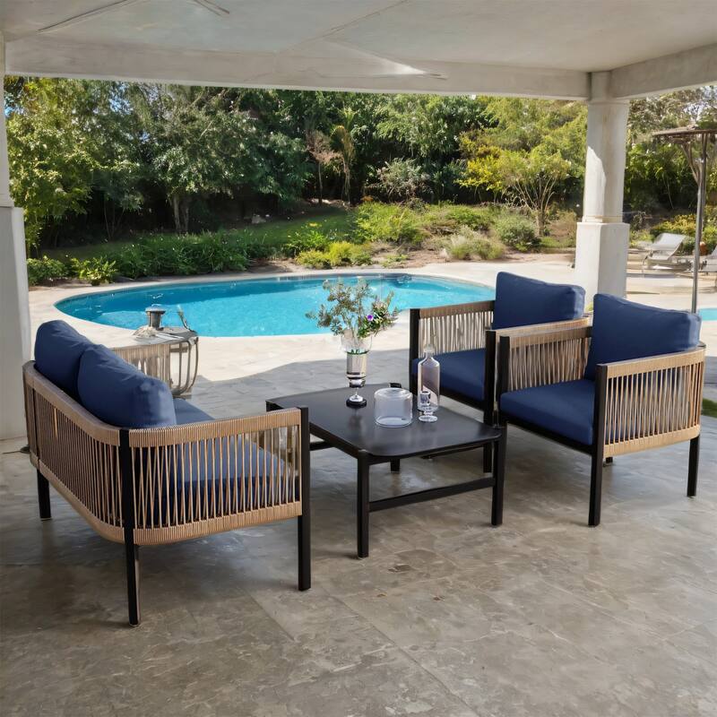 Modular Outdoor Sofa Set w/ PE Wicker & Glass Table, Rust-Proof Frame