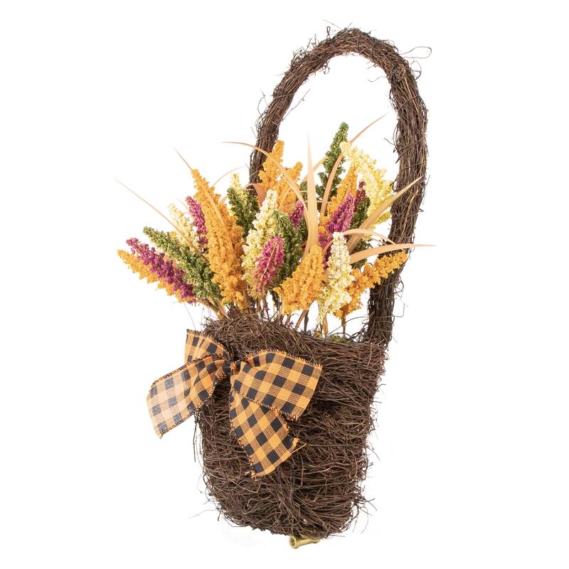 Autumn Harvest Hanging Basket with Artificial Foliage and Checkered Bow - 22"