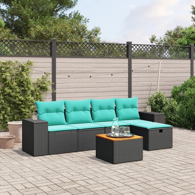 vidaXL Patio Sofa Set with Cushions Outdoor Furniture 6 Piece Poly Rattan - 21.7" x 24.4" x 27.2" - Black without storage