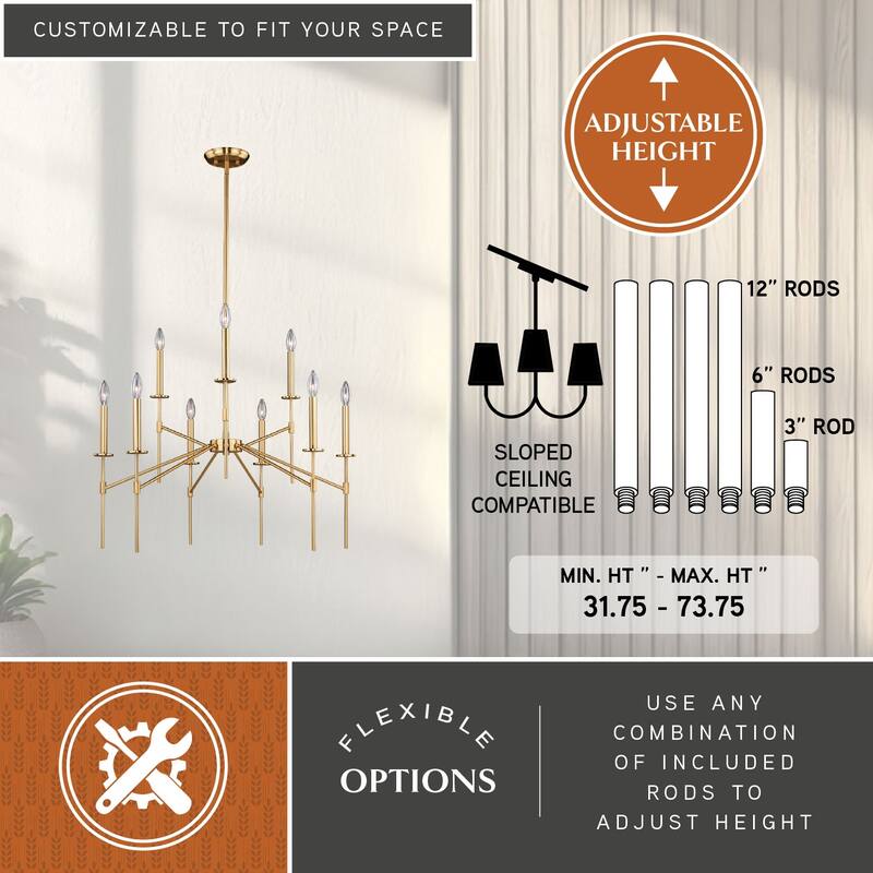 Kedzie 9 Light Brass Mid-Century Modern Chandelier