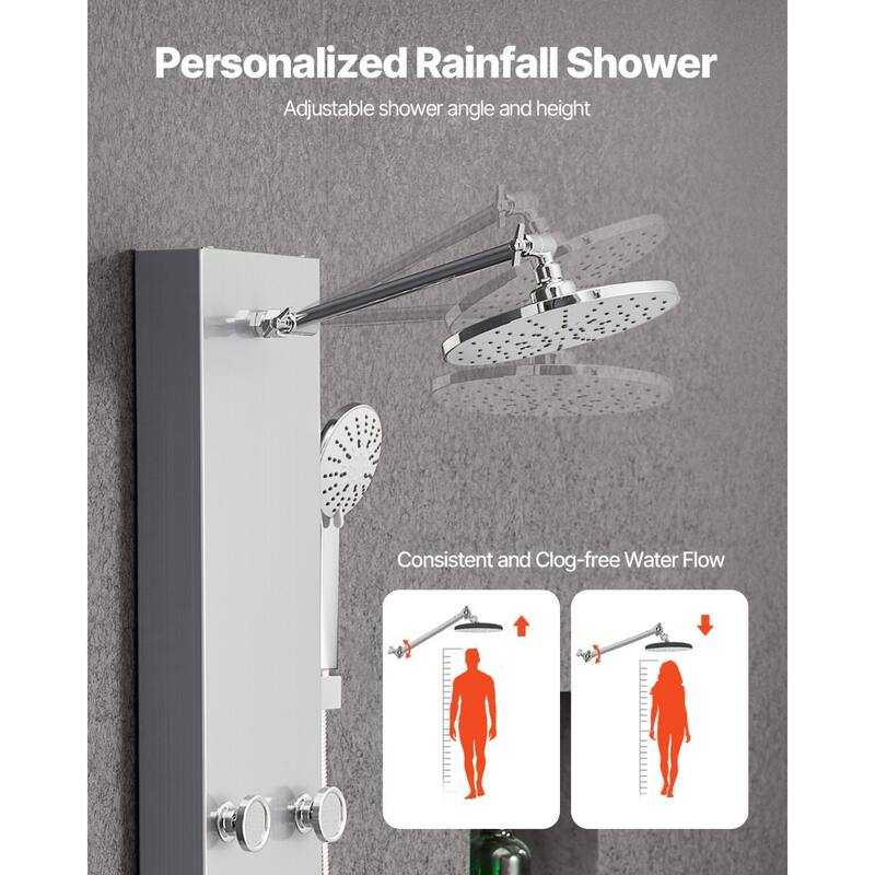 Silver Wall Mounted 3-in-1 Shower Panel Tower with Rainfall Head and Massage Jets Handheld Sprayer - 48.8” x 7.9” x 17.7”