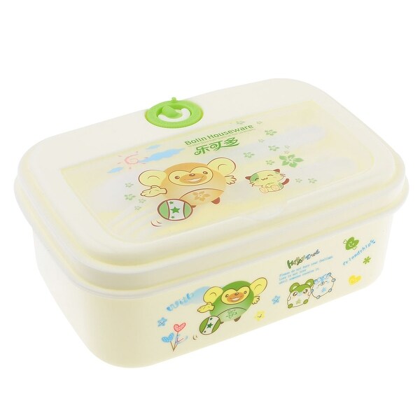 Unique Bargains Cartoon Letter Print Food Holder Container Lunch Box Off White w Spoon Fork