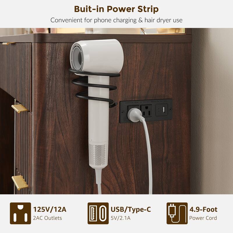 Modern Fluted Makeup Vanity Desk with Mirror, Lights, Charging Station