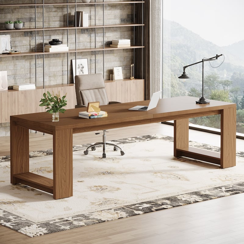 86.6 Inch Extra Long Desk Witing Table Large Desk Workstation Desk - Walnut Brown