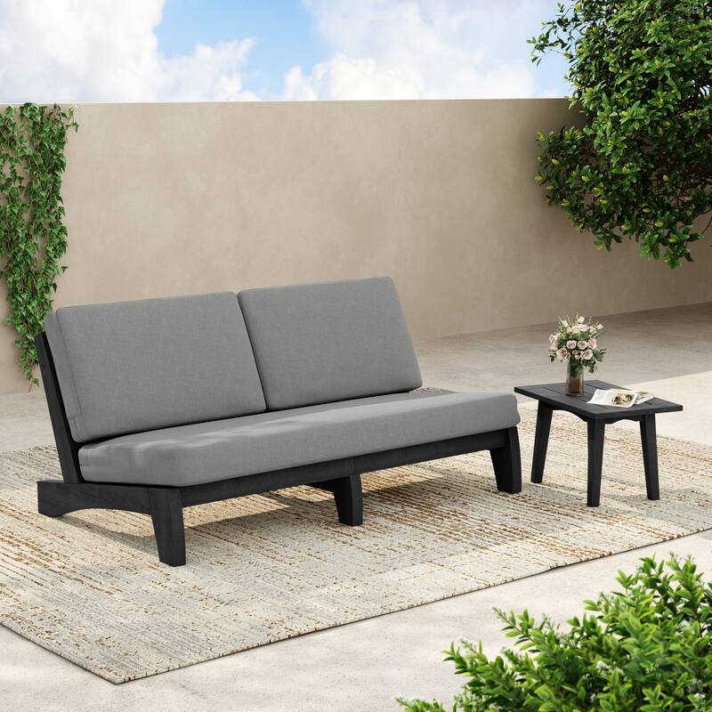 3-Seat Outdoor Sofa Set with Solid Wood Coffee Table, Weather-Resistant Cushions - Grey/Side Table - Black Wood