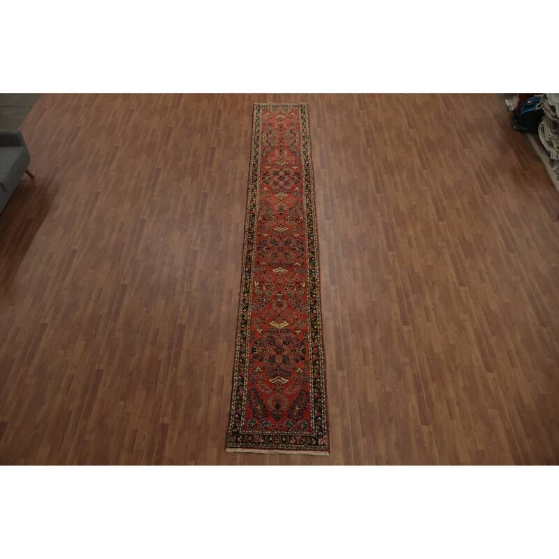 Hand Knotted Oriental 100% Wool Carpet Traditional Floral Oranges & Rust Hamedan Runner Rug - 17' 9'' X 2' 9''