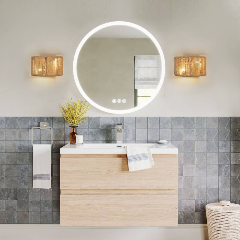 Boho Flush Mount Wall Sconce Rattan Wall Lamp Hemp Rope Sconces - 2-Light