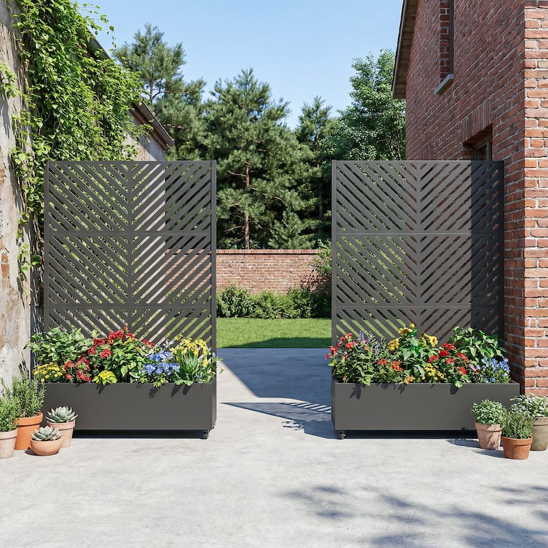 Outdoor Planters Metal Planter Box with Trellis with Wheels(Set of 2)