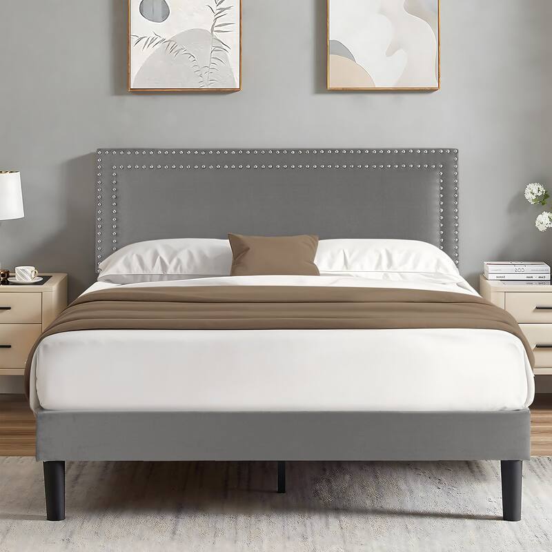 VECELO Upholstered Bed Frames with Height Adjustable Headboard - Grey - Queen
