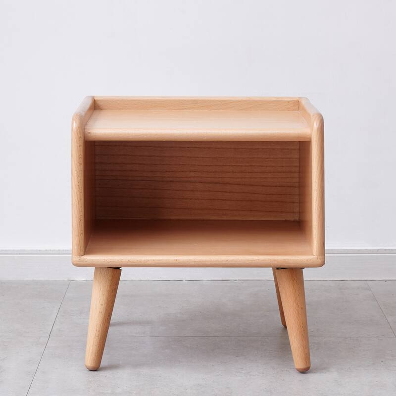 Small Nightstand with Open Storage Shelf, Coffee Table with Wooden Tabletop, Couch Side Table with Solid Wood Legs