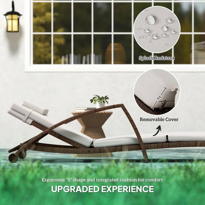 Wicker Chaise Lounge Set, Outdoor Recliners, Adjustable Back, Cushion