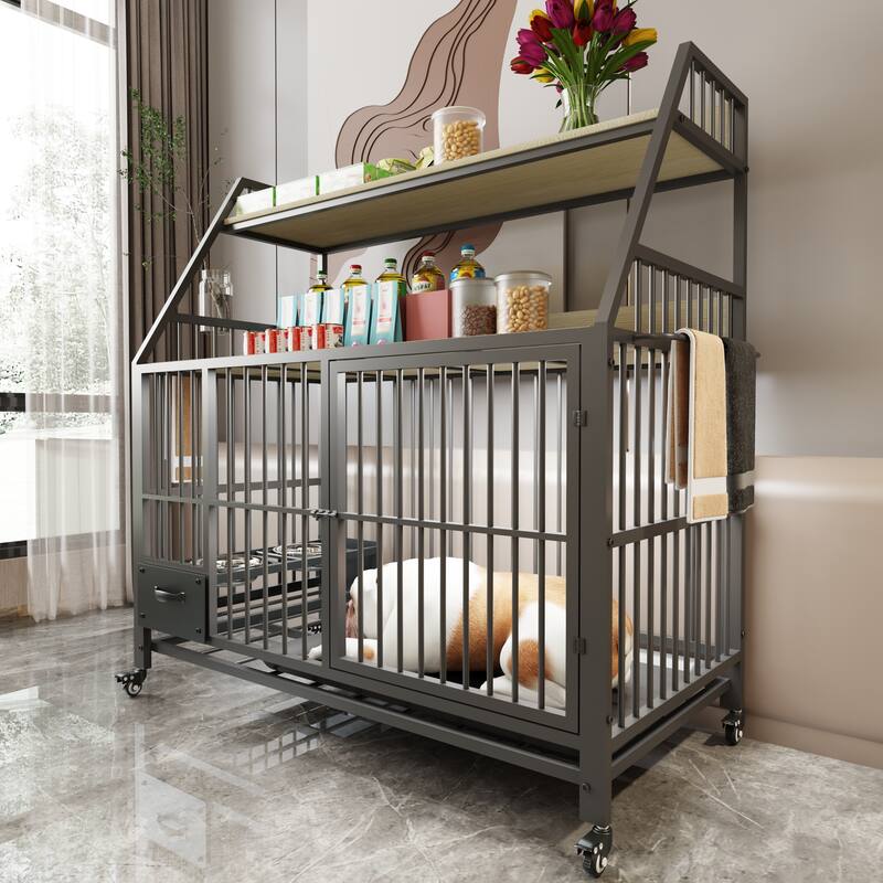 Large Pet Cage with Storage Rack, Drawers with Food and Water Basins, Double-Layer Storage Rack, Iron Frame and MDF Material