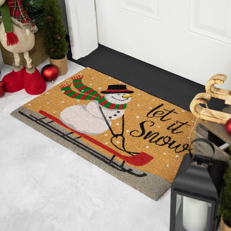 Brown and White Snowman Let it Snow Rectangular Coir Christmas Doormat 18" x 30"