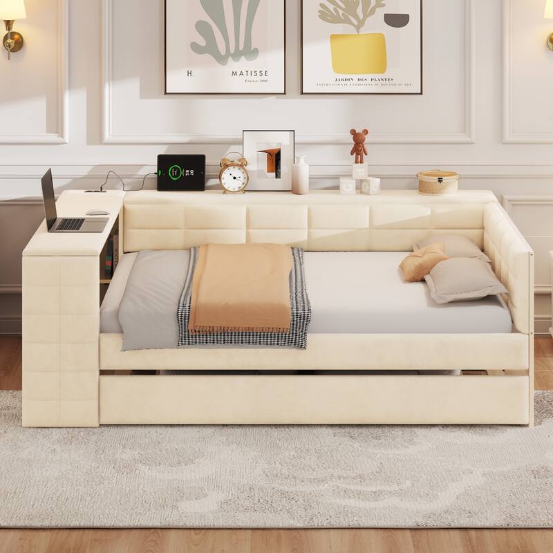 Full Size Upholstered Platform Bed with Storage, Desk, Charging Station, and Trundle in Beige