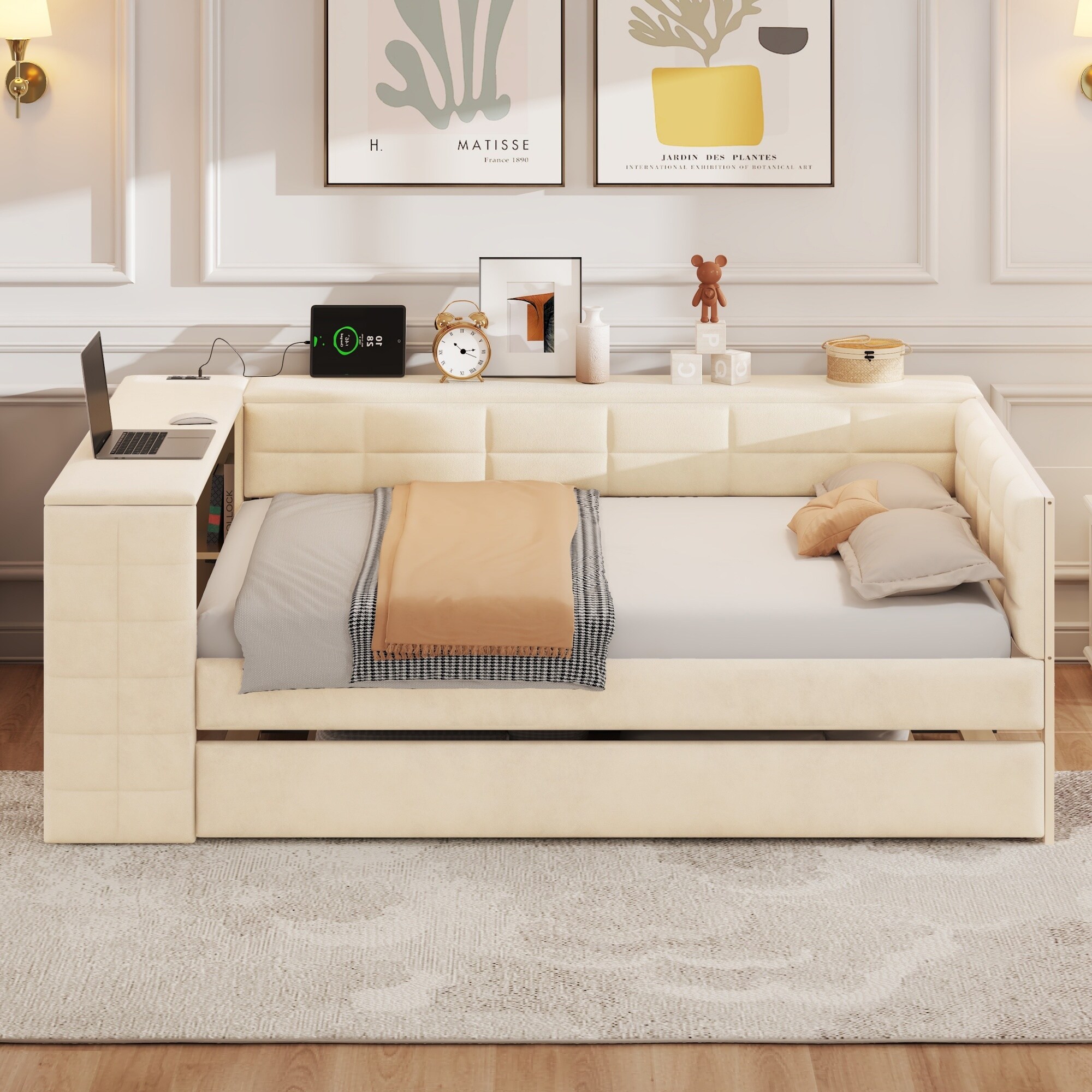 Full Velvet Upholstered Platform Bed L-Shaped Day Bed w/ Desk, Trundle & Charging Station
