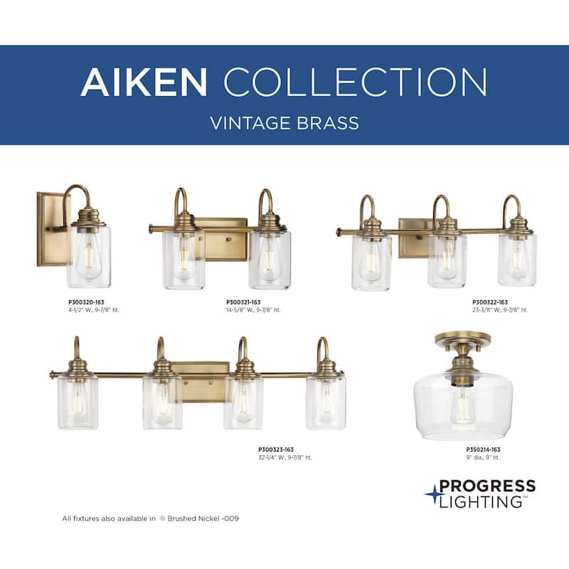 Aiken Collection 4-Light Vintage Brass Clear Glass Vintage Bath Vanity Light