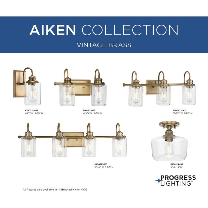 Aiken Collection Two-Light Vintage Style Brass Clear Glass Farmhouse Style Bath Vanity Wall Light - 14.625 in x 7 in x 9.875 in
