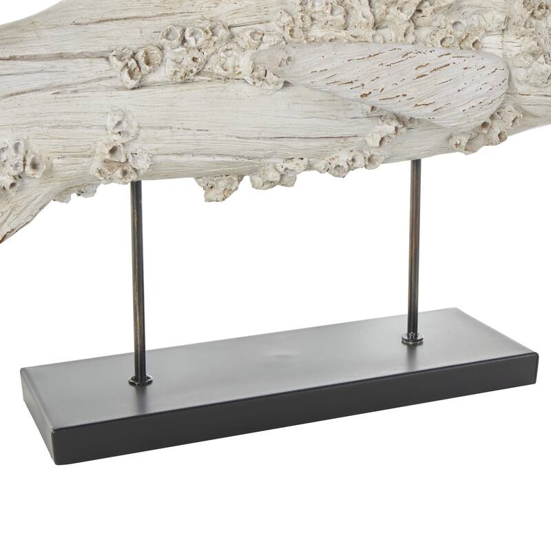 Polystone Fish Textured Decorative Sculpture with Brown Distressing and Black Metal Stand - Cream - Roche River Decor