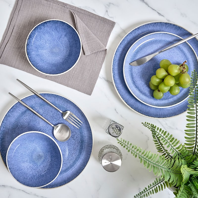 Sango Cove 12-Piece Blue Stoneware Dinnerware Set - Service for 4, Plate & Bowl Set, Blue with a White Speckled Underglaze