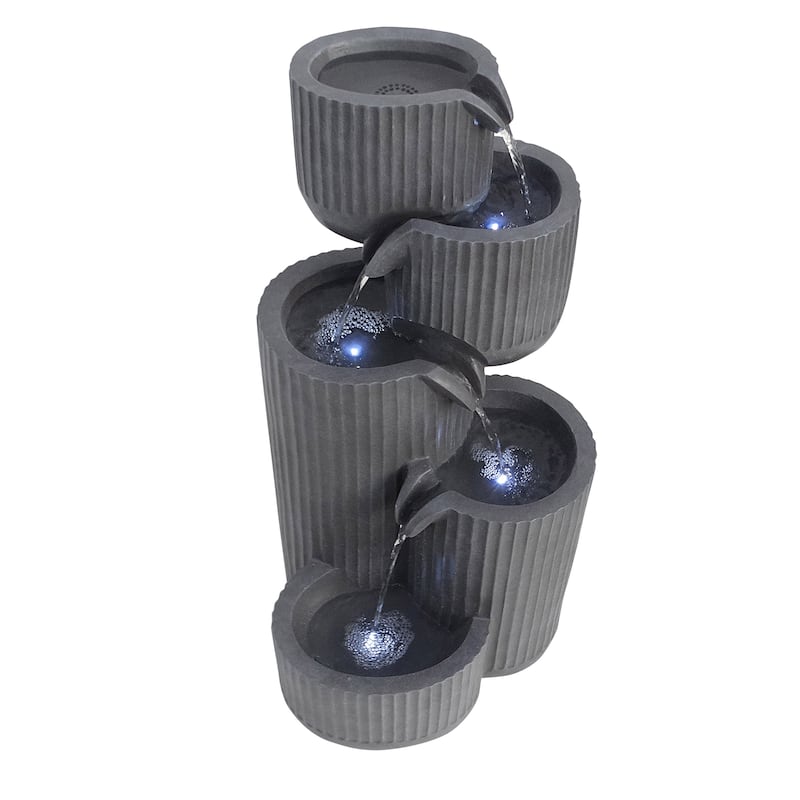 5-Tier Gray Fluted Pots Fountain with LED Lights