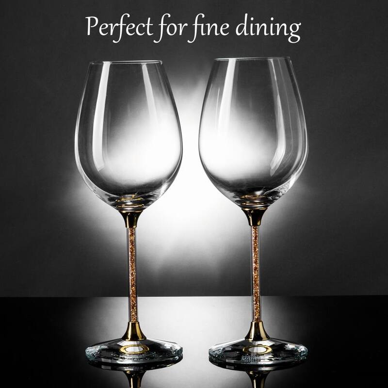 Matashi Crystal Wine Glasses Set of 2, 18.5 oz - Lead-Free Gold Crystal Filled Glassware - Wedding & Celebration Drinkware