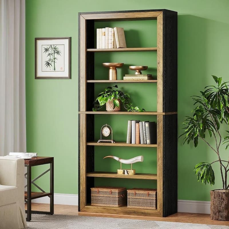 Vertical 7-Tier Bookshelf with Rustic Brown Wood and Black Frame for Living Room or Office - 31.5”L x 11.81”W x 63”H