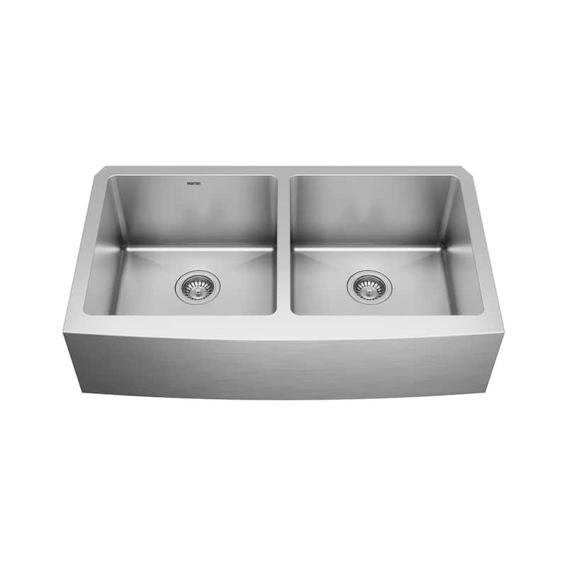 Karran Elite Apron-Front Stainless Steel 36 in. 16-Gauge Double Bowl Farmhouse Kitchen Sink Kit