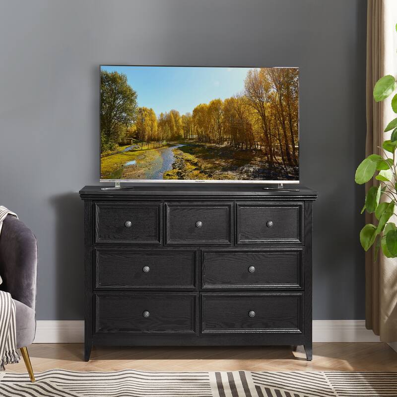 Modern Farmhouse Dresser Chest Drawers Cabinet with 7 Drawers Metal Slides Metal Handles, for Bedroom Living Room Hallway, Black