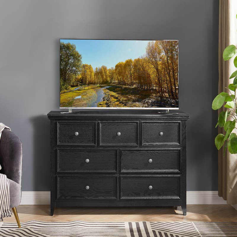 Spacious Black 7-Drawer Dresser, Farmhouse Clothes Organizer Cabinet