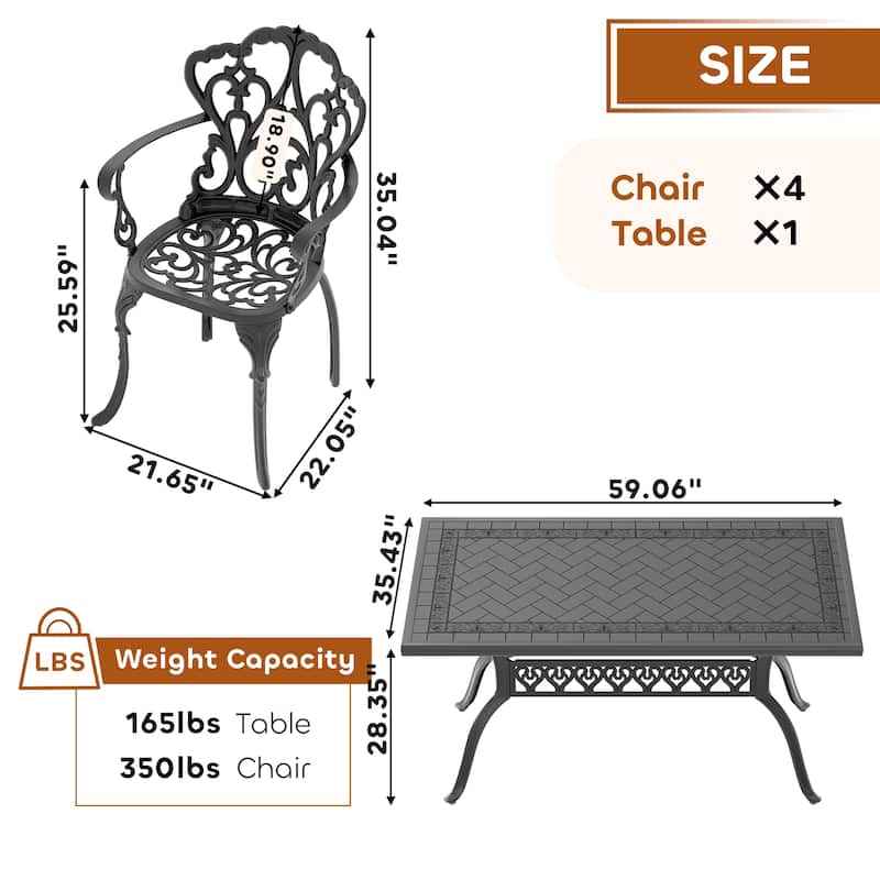 5/7-Piece Cast Aluminum Outdoor Dining Set with 59.06'' L X 35.43'' W Rectangular Table and Random Color Seat Cushions