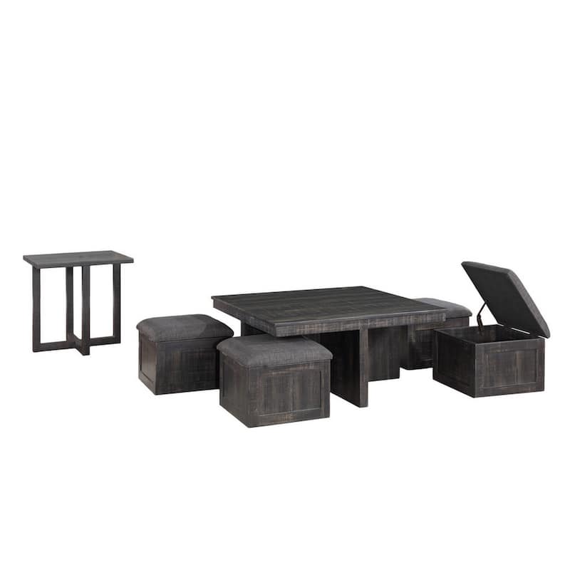 Mizo 5 Piece Coffee Table Set, 4 Nesting Storage Ottomans, Gray Oak Finish