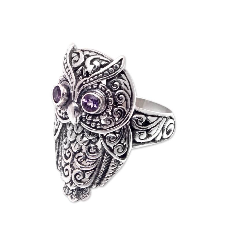 Novica Handmade Purple Baby Owl Amethyst Cocktail Ring