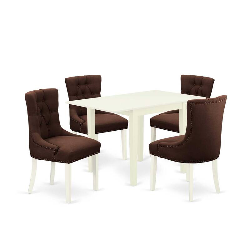 Vintage Dinette Set 5Pcs - Parson Chairs & Table - Linen White Wood - Chocolate Fabric