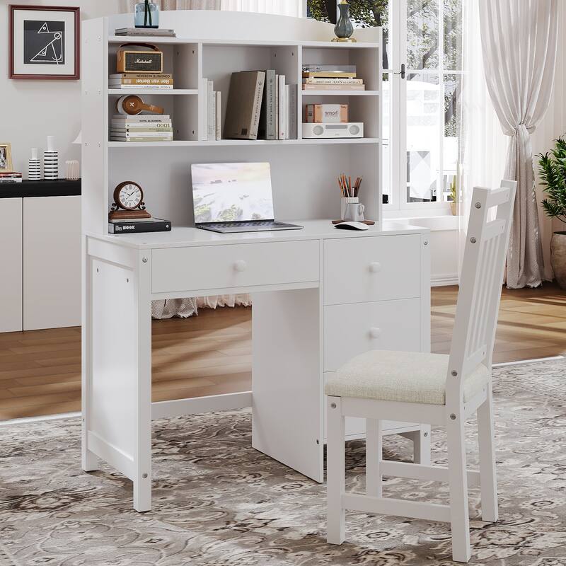 40" Home Executive Desk and Chair Set with 4 Drawers, Retro Computer Desk Office Table Study Desk with Storage Bookshelf - White
