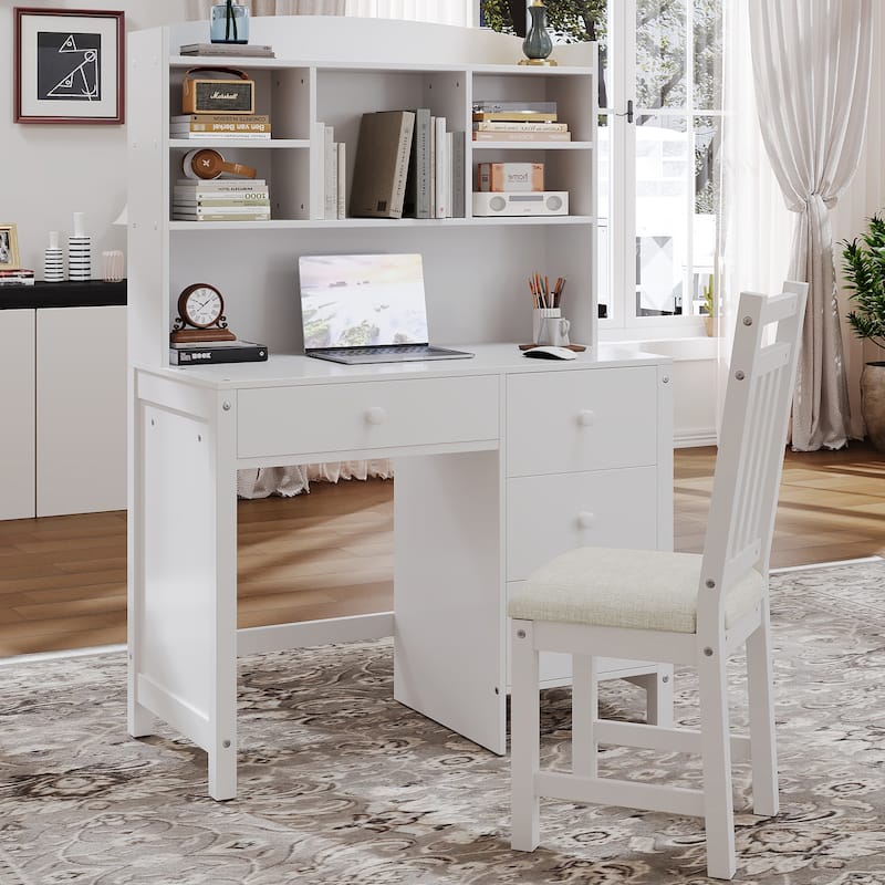 40"Home Executive Desk and Upholstered Chair Set with Bookshelf, Computer Desk with Four Drawers, Storage Shelf, and Chair - White