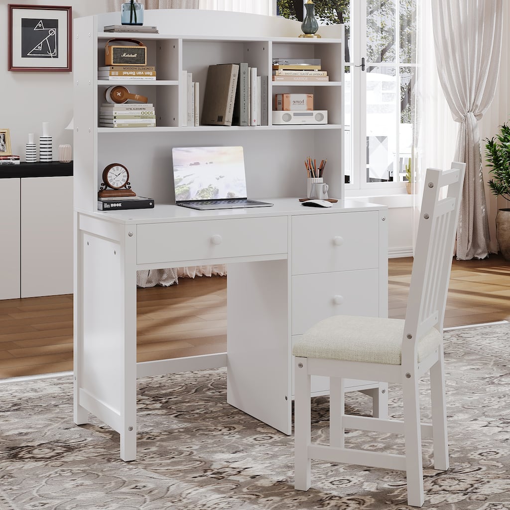 40"Home Executive Desk and Upholstered Chair Set with Bookshelf, Computer Desk with Four Drawers, Storage Shelf, and Chair