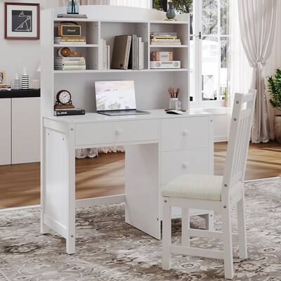 Home Executive Desk and Upholstered Chair Set with Bookshelf