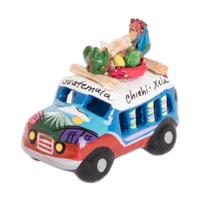 Novica Handmade Blue And Red Old-Time Bus Mini Ceramic Sculpture