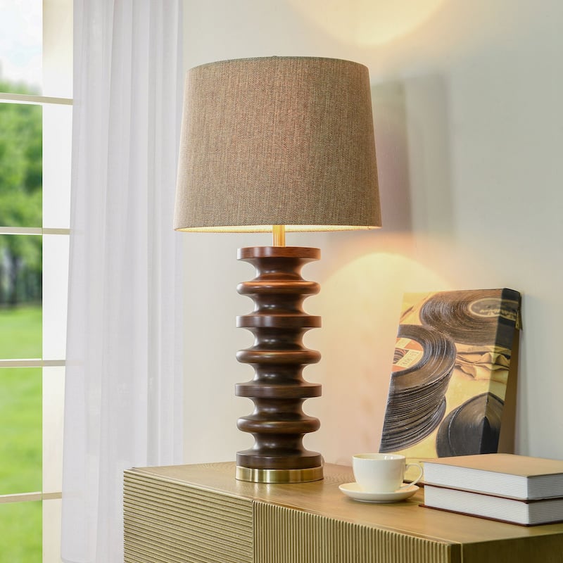 Walnut Ridge Table Lamp - Fishbone Polyresin and Aged Brass Body - Heathered Brown Shade
