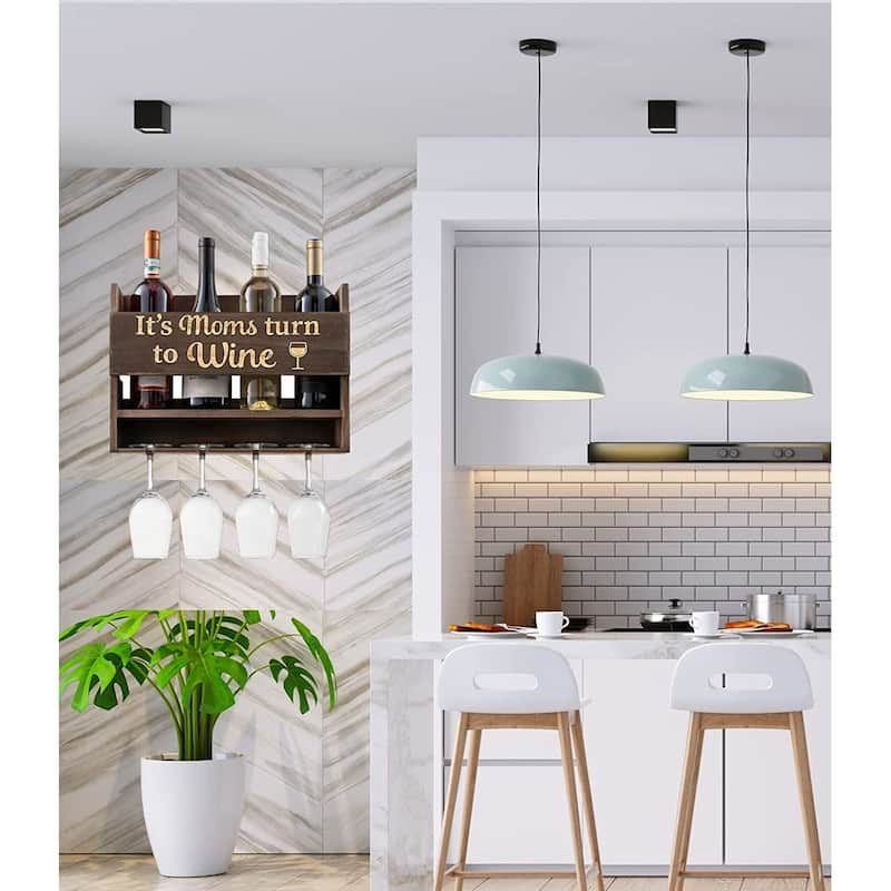 "Its Mom Turn to Wine" Wall Mounted Wine Rack -Unique Wine Gifts for Her -4 Wine Glasses Included